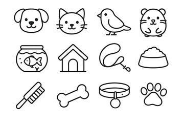 Fototapeta premium Simple line drawings of pet animals and supplies including dog, cat, bird, and fish