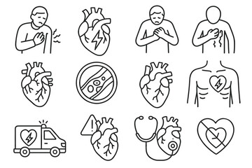 Heart disease icons: heart attack, chest pain, cardiovascular health issues