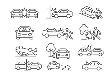 Car accident icons: vehicles, collisions, and pedestrian safety symbols