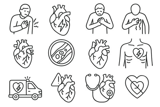 Heart disease icons: heart attack, chest pain, cardiovascular health issues