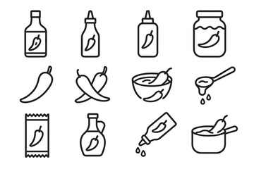 Chili sauce icon set: bottles, jars, packets, and bowls with peppers