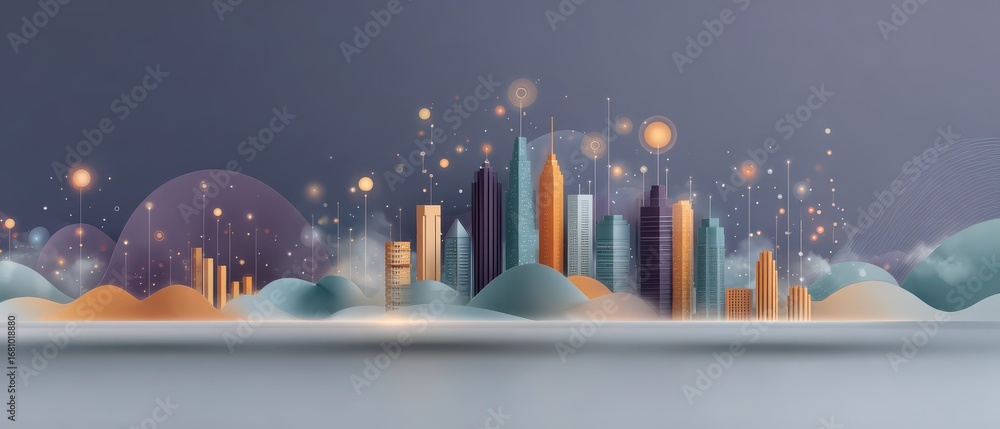 Poster abstract futuristic city skyline with minimalistic design and data-driven elements for modern visual