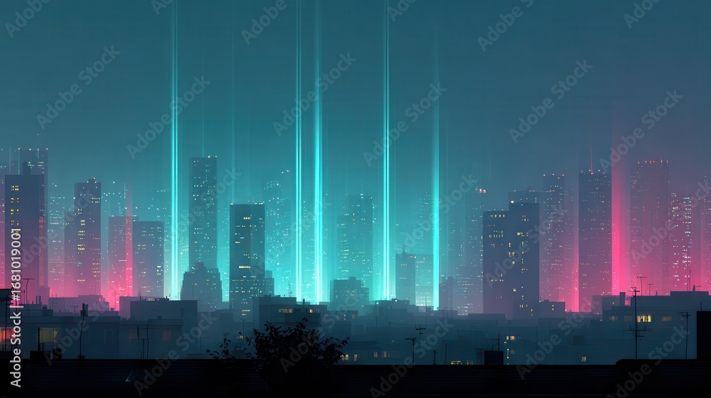 Aufkleber abstract minimalist futuristic city skyline design with neon lights and data visualization elements
