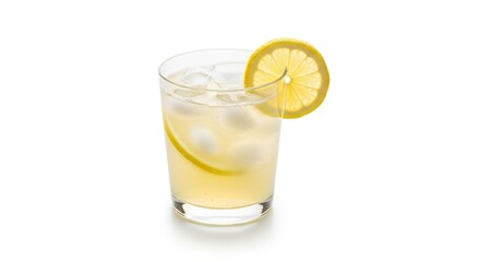 Refreshing glass of classic lemonade with ice cubes and a fresh lemon slice, isolated on a clean white background. Perfect summer drink.