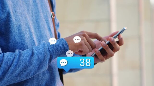 Speech bubble and earth day text banner against mid section of a man using smartphone