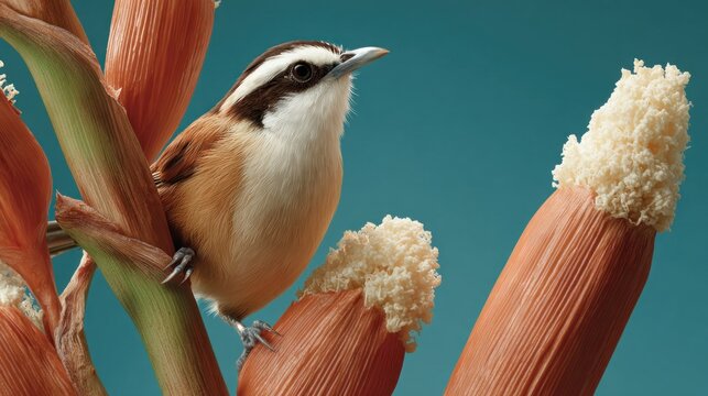 Small bird perched on plant stalk