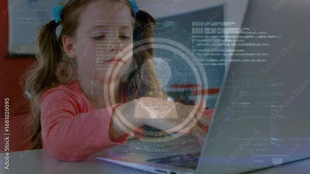 Poster animation of profile icons and data processing over caucasian girl using laptop in class at school