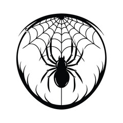 Spooky Spider Silhouette with Web Inside Circle on White Background