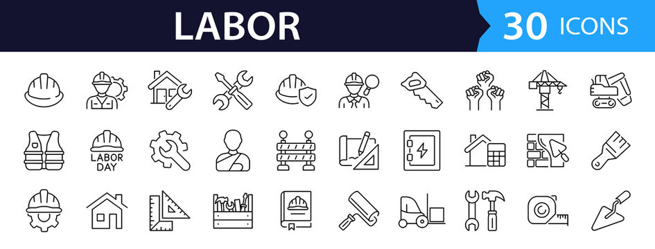 Labor Web Icon Set in Line Style. Collection of Construction Linear Icons, Including labour day, renovation, repair, work tools, materials, workers, building, business and more. Editable Stroke