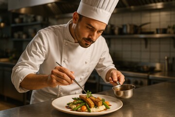Chef carefully plating gourmet dish in modern kitchen with fresh vegetables and sauce