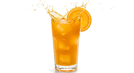 Refreshing orange juice splash with ice and citrus slice, perfect for summer drinks and vibrant refreshment advertising