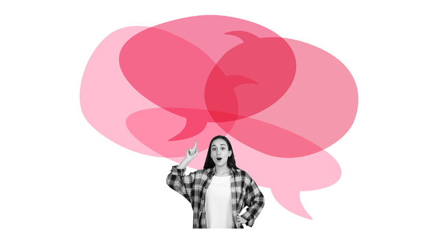 Minimalist collage. Young woman with overlapping red speech bubbles and large copy space for brainstorming. Concept of e-learning, creative thinking, workshops and collaborative dialogue.
