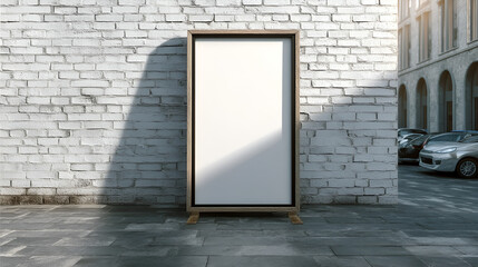 Realistic Outdoor Wooden Frame Billboard Mockup Against White Brick Wall. Ai Generated Images