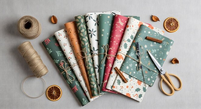 Collection of festive wrapping paper rolls and crafting supplies