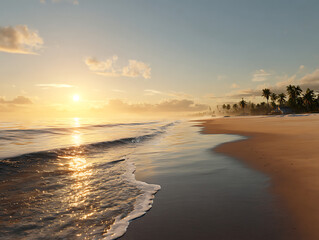 Naklejka premium Empty beach, sunset, golden sand, calm water, tropical paradise