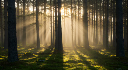 Obraz premium Sunbeams pierce misty forest canopy, illuminating mossy ground with golden light, creating magical atmosphere
