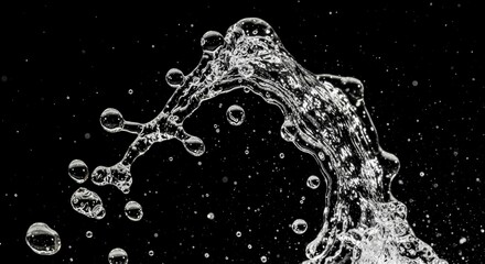 Obraz premium Dynamic water splash with intricate droplets and fluid shapes against a stark black background, showcasing motion and purity.
