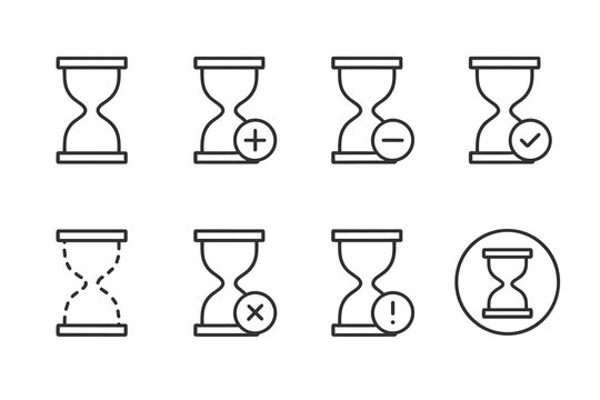 Set of linear hourglass icons with various symbols indicating time concepts