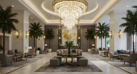 Elegant hotel lobby exudes luxury and comfort with plush seating and dramatic chandelier