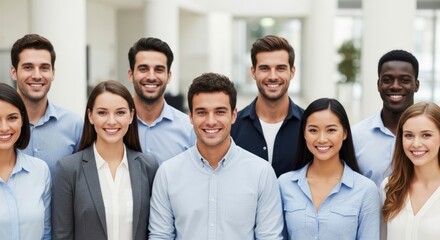 Fototapeta premium Diverse group of smiling business professionals posing confidently in a modern office setting, representing teamwork and success.