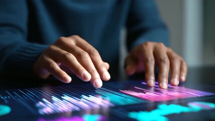 Data Analysts Works on Edge holographic interface showcasing dynamic data visualization for advanced analytics, Using Data Visuals, Touch Gestures, and Real-Time Feedback in Modern Workspace - Powered by Adobe