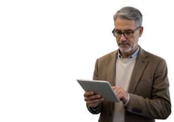 Mature professional businessman wearing smart glasses and using a digital tablet for work on a transparent background