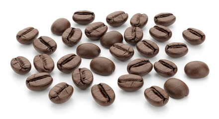 Naklejka premium Close-up of roasted coffee beans scattered on a pure white background, ideal for coffee-related themes, beverages, and morning concepts.