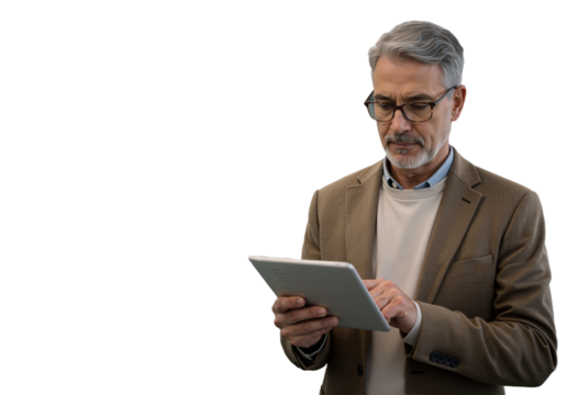 Mature professional businessman wearing smart glasses and using a digital tablet for work on a transparent background - Powered by Adobe