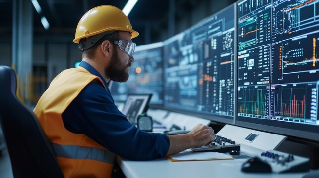 Industrial operator monitoring control systems in a high-tech facility data analysis environment professional setting focused perspective