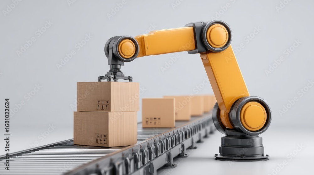 Poster Industrial Robot Arm Handling Cardboard Boxes on Production Line for Efficient Automation in Modern Warehouse Environment