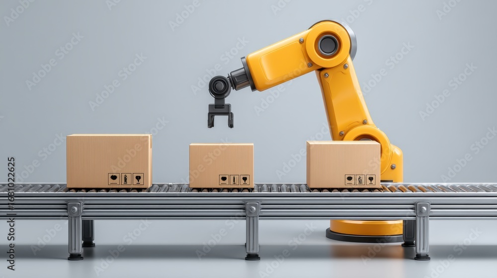 Poster robotic arm handling cardboard boxes on conveyor belt in modern warehouse environment for efficient 