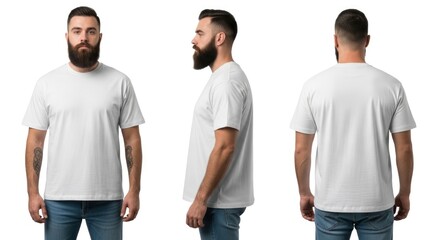 Obraz premium Bearded man in blank white t-shirt, front, side, and back views, isolated on white background. Perfect for apparel mockups and design.