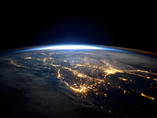 Earth from Space at Night Glowing Cities in Dark Atmosphere