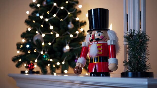 Festive video scene with a nutcracker in focus on a mantel, Christmas tree blurred in the background. Captured from a low angle for a cozy holiday vibe.