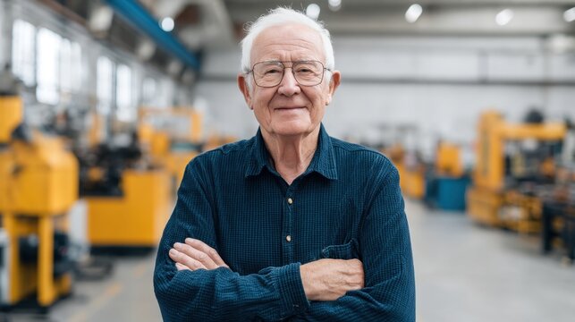 Smiling Elderly Man in Blue Shirt with Arms Crossed in Industrial Workshop with Modern Equipment and Yellow Machines in the Background - Powered by Adobe