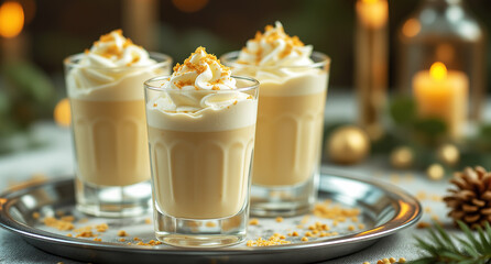 Holiday eggnog trio cozy festive mood served with whipped cream representing seasonal beverage tradition and dessert drink against candlelit greenery background warm celebration atmosphere