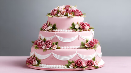 Elegant Three Tiered Rose Decorated Cake for Celebrations and Special Events. Ai Generated Images