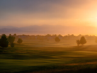Golden Sunrise Over Green Landscape with Fog and Distant Mountains