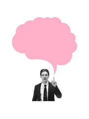 Modern artwork. Businessman with pink speech bubble and wide copy space for message or communication. Concept of corporate dialogue, leadership, public speaking and professional branding.