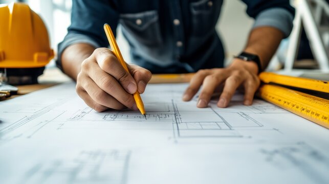 Construction worker engaged in drafting plans modern office technical illustration bright environment close-up view architectural design process - Powered by Adobe