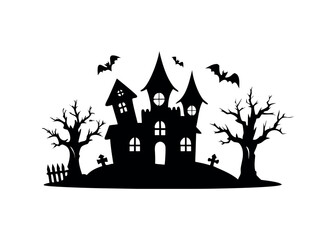 Silhouette haunted house with flying bats and spooky trees