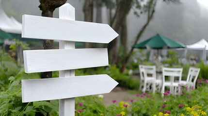 Clean Wooden Arrow Signpost in Garden with Blurry Background. Ai Generated Images