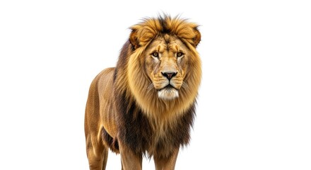Obraz premium A powerful male lion with a magnificent mane stands majestically, looking directly forward. Isolated on a white background for versatile use.