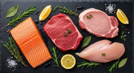 Assortment of fresh raw salmon, beef steak, pork chop, and chicken breast with herbs, lemon, and spices on a dark slate background. Healthy cooking...