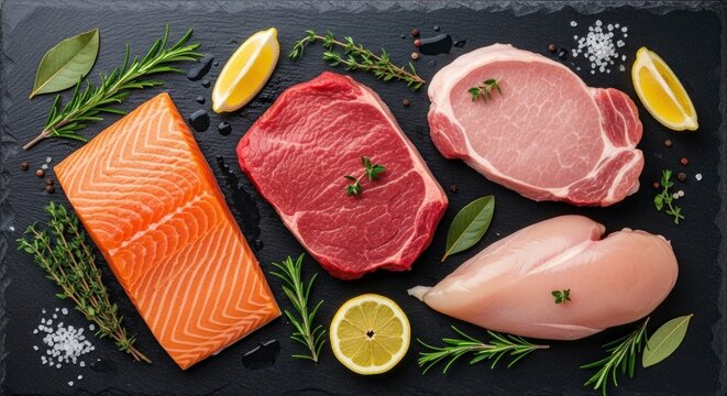 Assortment of fresh raw salmon, beef steak, pork chop, and chicken breast with herbs, lemon, and spices on a dark slate background. Healthy cooking...