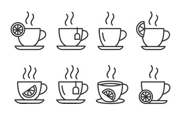 Obraz premium Minimalist line icons of tea and coffee cups with citrus garnish