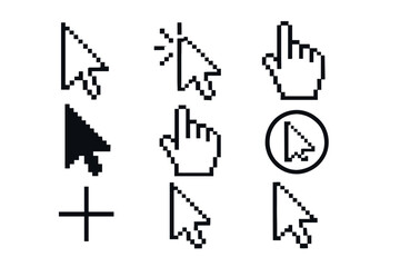 Collection of pixelated cursor icons with hand pointers and arrows