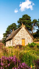 A charming stone cottage with a thatched roof sits amidst wildflowers and greenery under a vibrant blue sky.