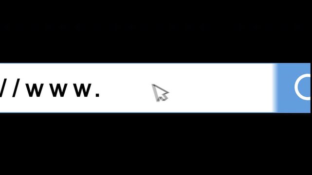 search window animation, internet browser search appears, http and www text search with mouse click and zoom in effect, black background and 4k resolution animation video
