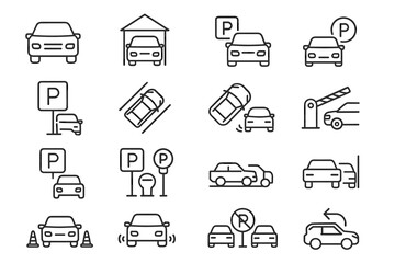 Parking icon set: cars, signs, and barriers in minimalist line style